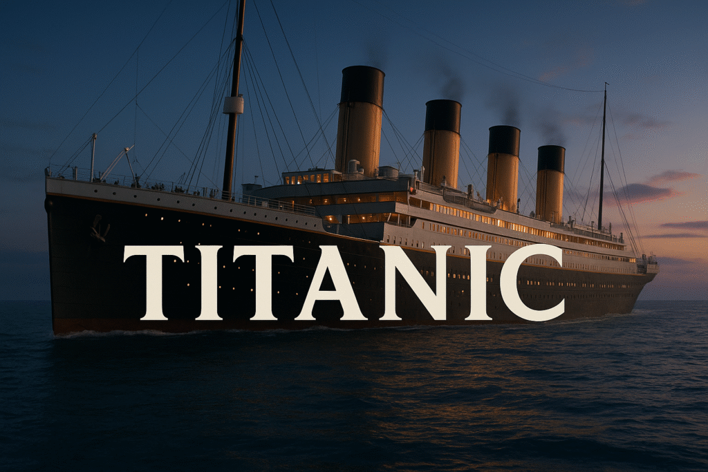Titanic ship sailing at sunset with bold title overlay for movie review blog